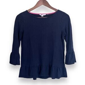 Boden 100% Linen Ruffle Peplum Knit Top Womens S Navy Blue 3/4 Bell Sleeves